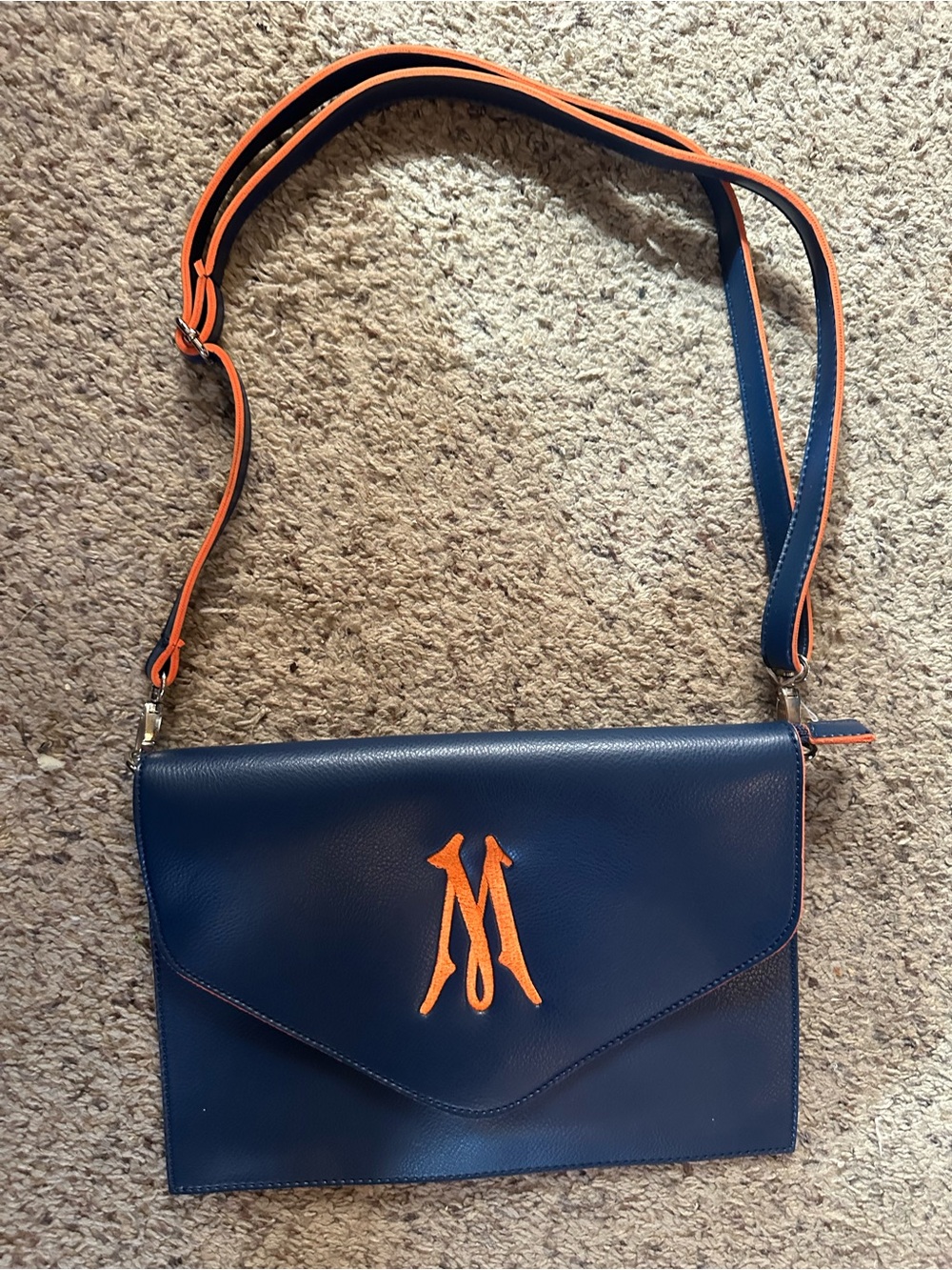 Navy and Orange Leather Crossbody Bag with Monogram Accent